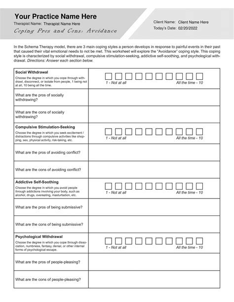 Schema Coping Pros And Cons Avoidance Worksheet Pdf