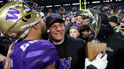 Head coach Kalen DeBoer of the Washington Huskies celebrates the 115th ...