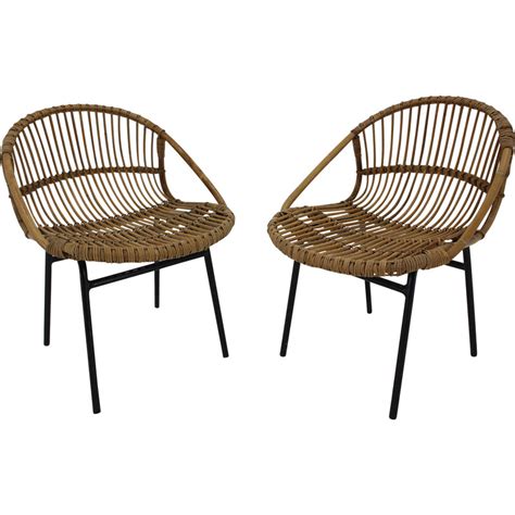 Pair Of Vintage Rattan And Iron Lounge Chairs By Alan Fuchs