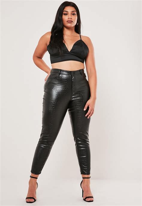 Plus Size Stassie X Missguided Black Faux Leather Croc Print Pants