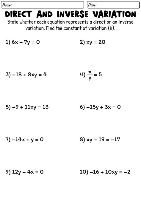 Direct And Indirect Variation Worksheet