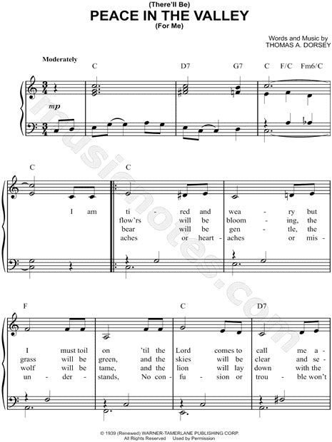 Elvis Presley "Peace in the Valley" Sheet Music (Easy Piano) in C Major ...