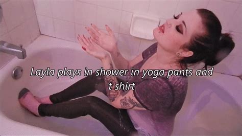 Layla Playing In The Shower In Yoga Pants And T Shirt Nasty