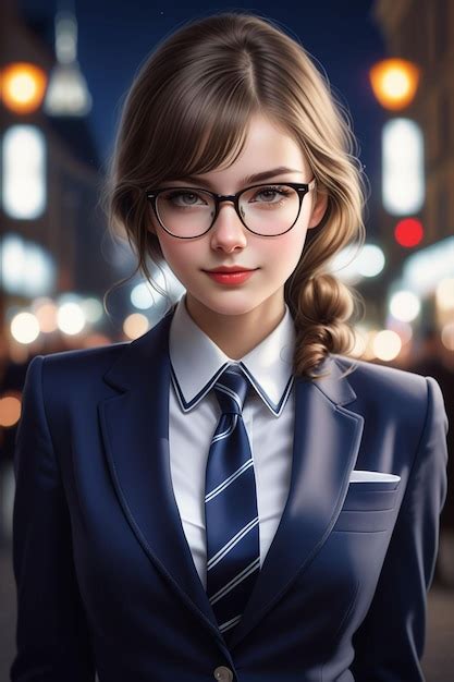 A Pretty European Girl In Suit And Glasses Is Standing On The Street At Night In Cartoon Style