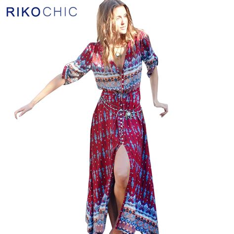 Bohemian Style Ethnic Print Long Beach Dress Plus Size Front Buttons