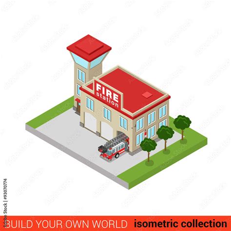 Fire Station Rescue Service Flat D Isometric Vector Building Stock