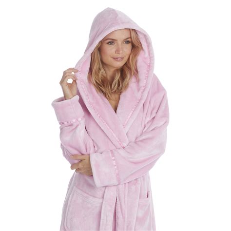 Ladies Long Length Luxury Shimmer Dressing Gown Fleece Hooded Robe