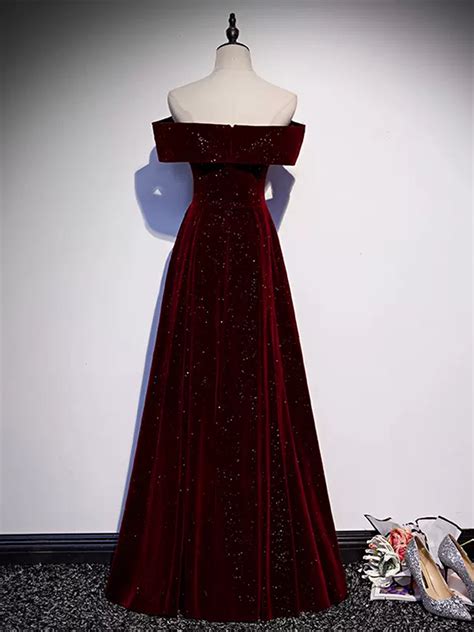 Off The Shoulder Burgundy Velvet Long Prom Dresses Wine Red Long Form