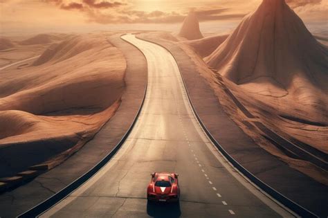 Un Coche Rojo Conduce Por Una Carretera Con Una Puesta De Sol De Fondo