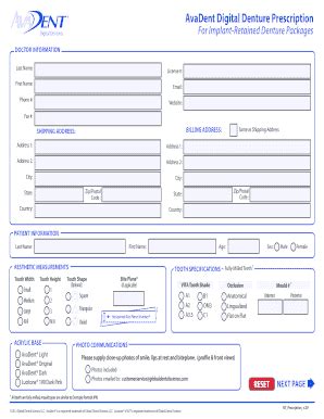 Fillable Online AvaDent Digital Denture Prescription For Implant