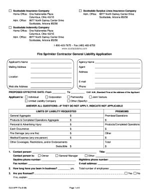 Fillable Online Fire Sprinkler Contractor General Liability Application