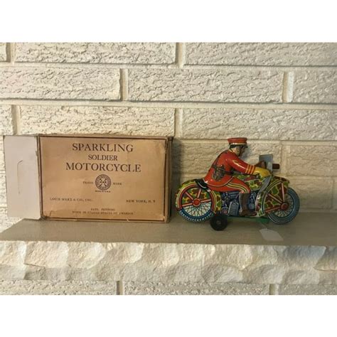 Marx Tin Litho Wind Up Sparkling Motorcycle Soldier W Box