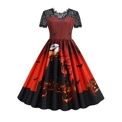 Springttc Womens Halloween Witch Pumpkin Costume Lace Short Sleeves Vintage Cocktail Swing