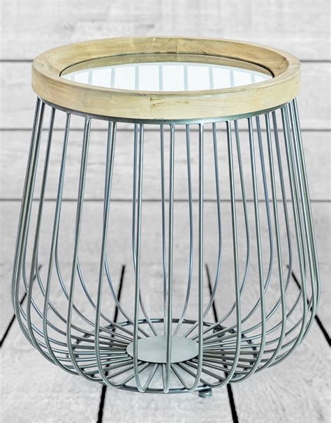 Set Of 2 Iron Wood And Glass Round Side Tables