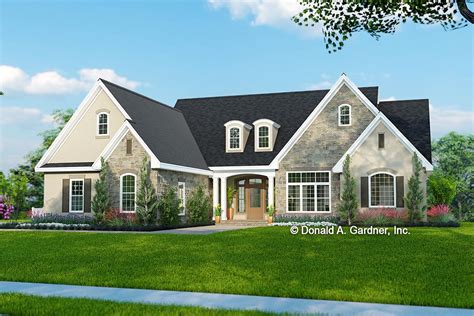 One Story Stone And Stucco House Plan On A Walkout Basement 444287gdn