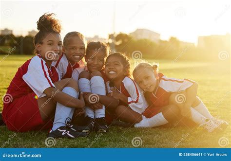 Girl Kids Soccer Field And Team Portrait Together For Competition