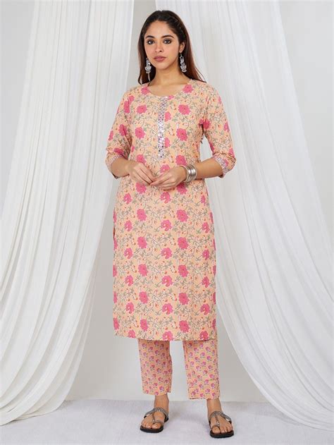 Buy Peach Printed Cotton Embroidered Suit Set Of Ps Pivi The Loom