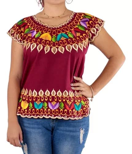 Blusa Yucateca Bordada Vino Lino Modelo Regina