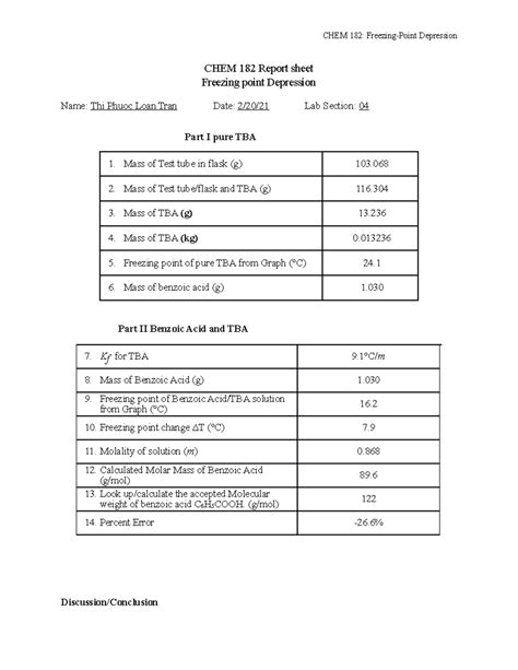 Freezing Point Depression Postlab Chem Freezing Point Depression
