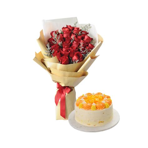 24 Red Rose Bouquet With Mango Luscious Cake By Goldilocks Order To Philippines