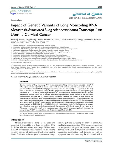 PDF Impact Of Genetic Variants Of Long Noncoding RNA Metastasis