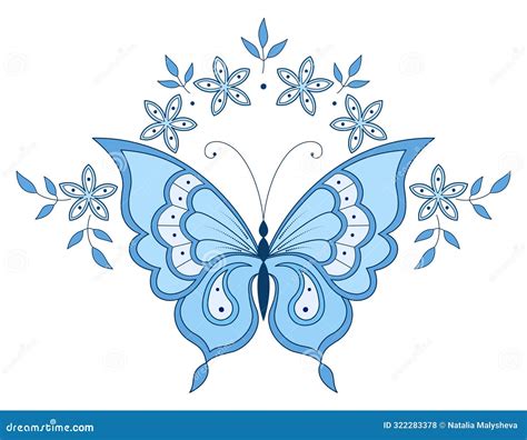 Blue Butterfly And Flowers Design Element Romantic Vintage Isolated