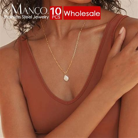 Emanco Pcs Freshwater Pearl Pendant Necklace Trendy Stainless Steel