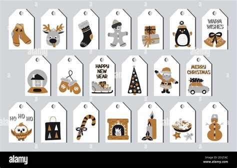 Set Of Christmas And New Year Gift Tags In The Scandinavian Doodle