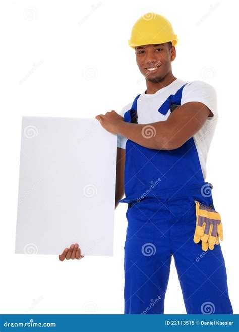 Black Construction Worker Holding Blank Sign Stock Image Image Of