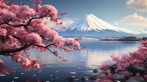 Premium AI Image | Ethereal Fuji Symphony SnowTopped Mountain with Sea of Clouds and Sakura