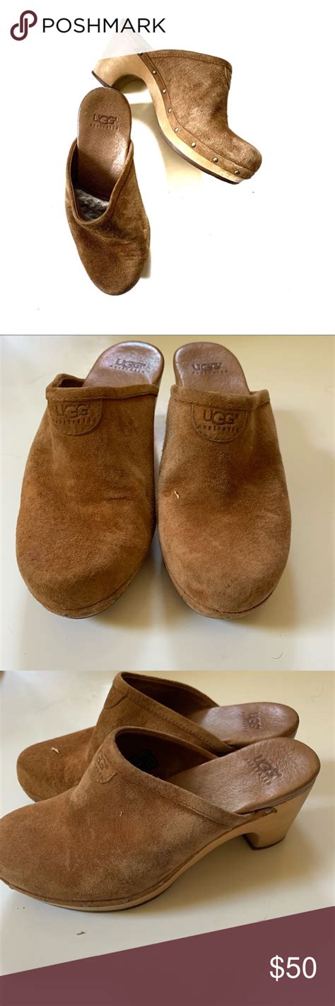 Ugg Abbie Suede Wooden Brown Mule Clog With Heel Brown Mules Uggs Heels