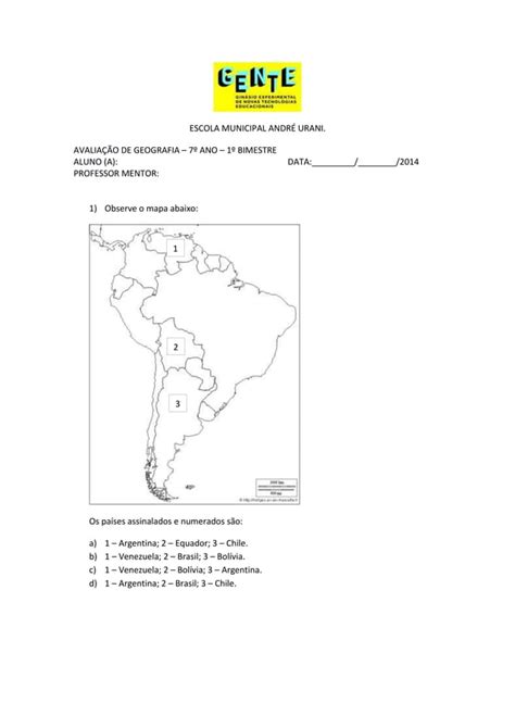 Prova de geografia 7º ano PDF