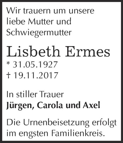 Traueranzeigen Von Lisbeth Ermes Abschied Nehmen De