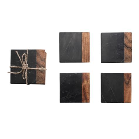 Marble And Acacia Wood Coasters Black And Natural Set Of 4