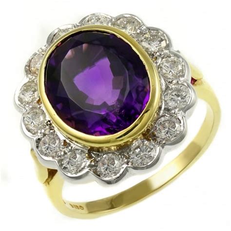 18ct Yellow Gold Oval Amethyst And 120ct Diamond Cluster Ring