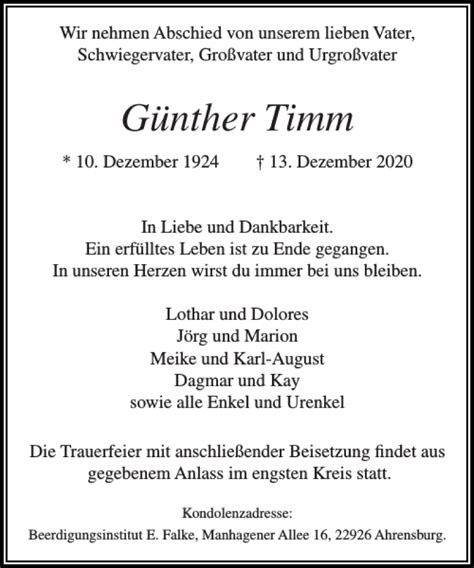 Traueranzeigen von Günther Timm sh z Trauer