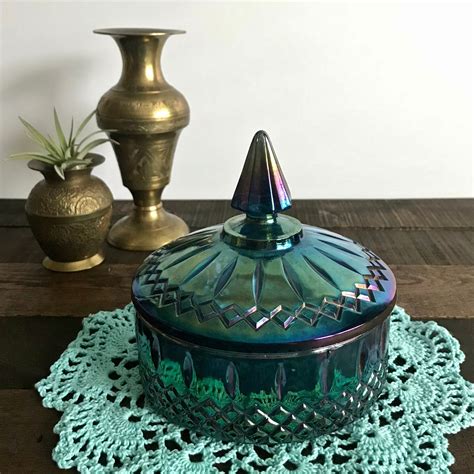 Vintage Blue Carnival Glass Covered Candy Dish Purple Blue Etsy Blue Carnival Glass