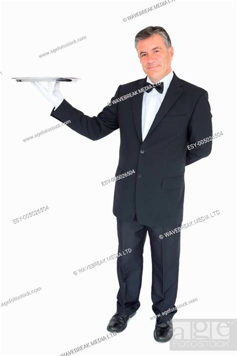 Smiling Waiter Holding Empty Silver Tray Stock Photo Picture And Low