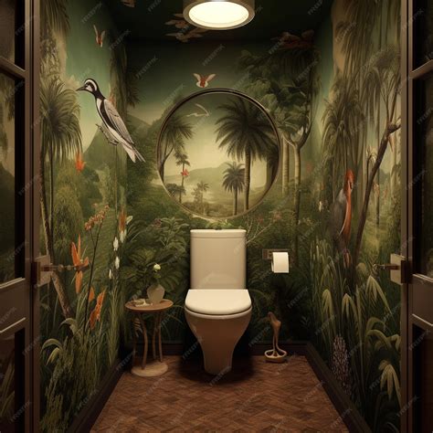 Premium AI Image | a bathroom with a mural of a bird and a toilet.