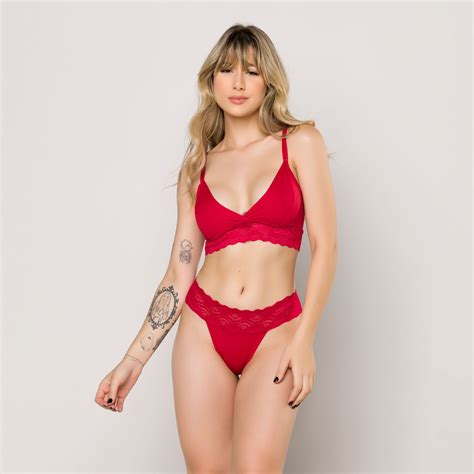 Conjunto Sem Bojo Top Bralette Fio Duplo Micro E Renda