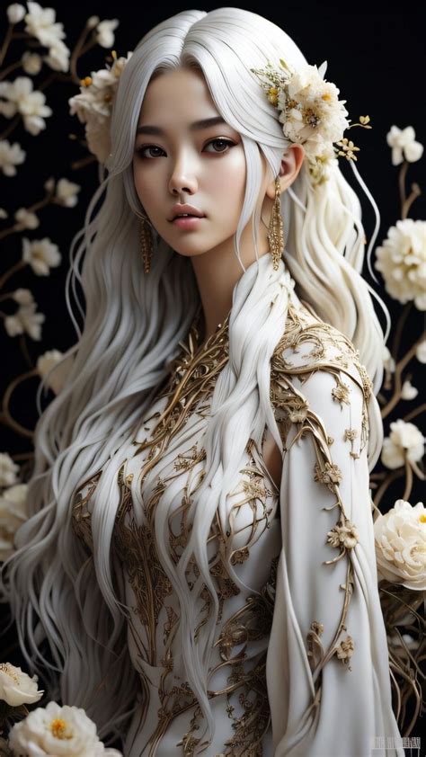 A White Haired Woman With Long Hair And Flowers In Her Hair Wearing