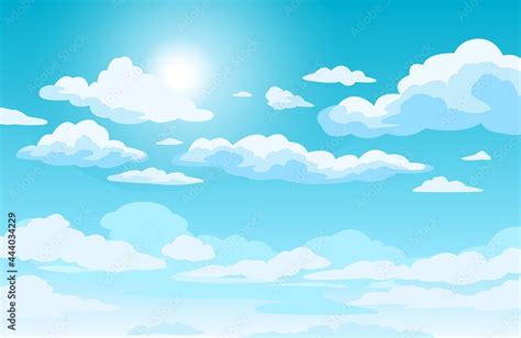 Blue Sky With Clouds Anime Style Background With Shining Sun And White