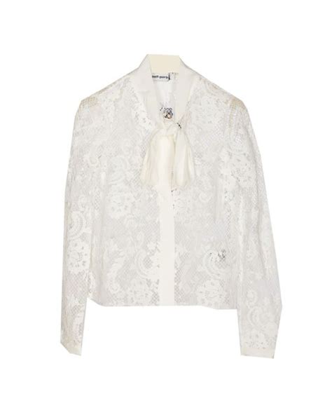 Self Portrait Lace Pussy Bow Shirt In White Lyst