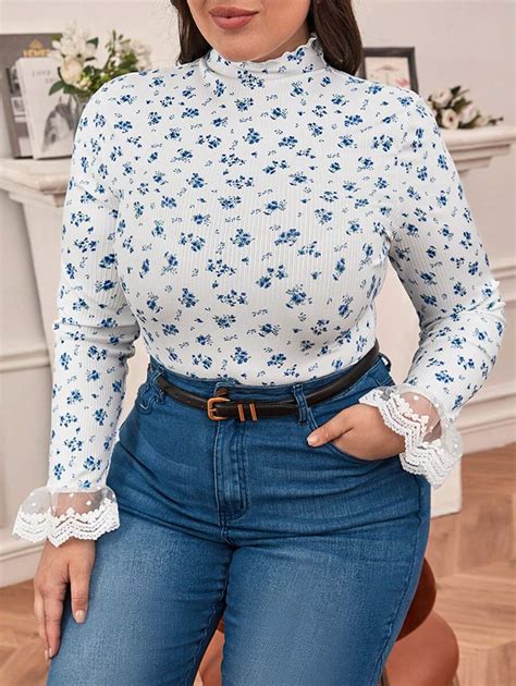 Shein Frenchy Gro E Gr En Damen T Shirt Mit Blumen Muster Stehkragen