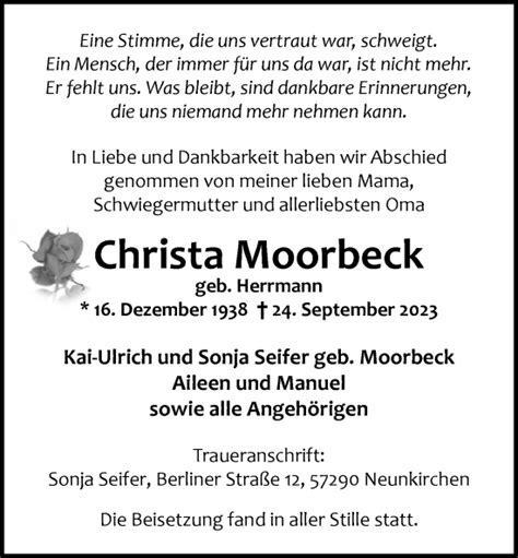 Traueranzeigen Von Christa Moorbeck Nordwest Trauer De