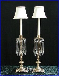 Vintage Pair French Brass Crystals Candlestick Boudoir Mantel Buffet