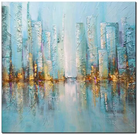 light blue abstract painting cityscape wall art square art