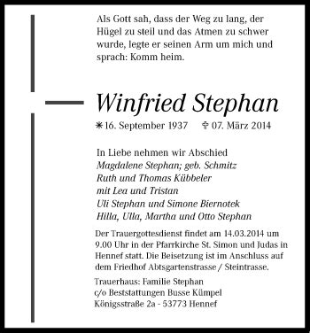 Traueranzeigen Von Winfried Stephan Wirtrauern