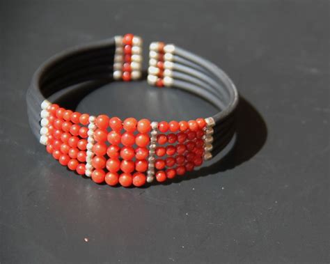 Bracelet Homme En Corail V Ritable Rouge En Argent Et Silicone Noir