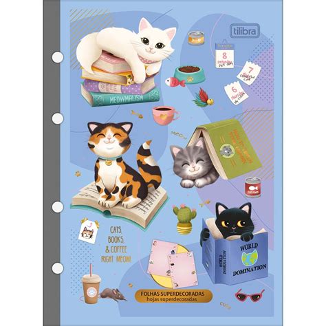 Refil Tiliflex Para Caderno Argolado Colegial Purrfect Cats 80 Folhas